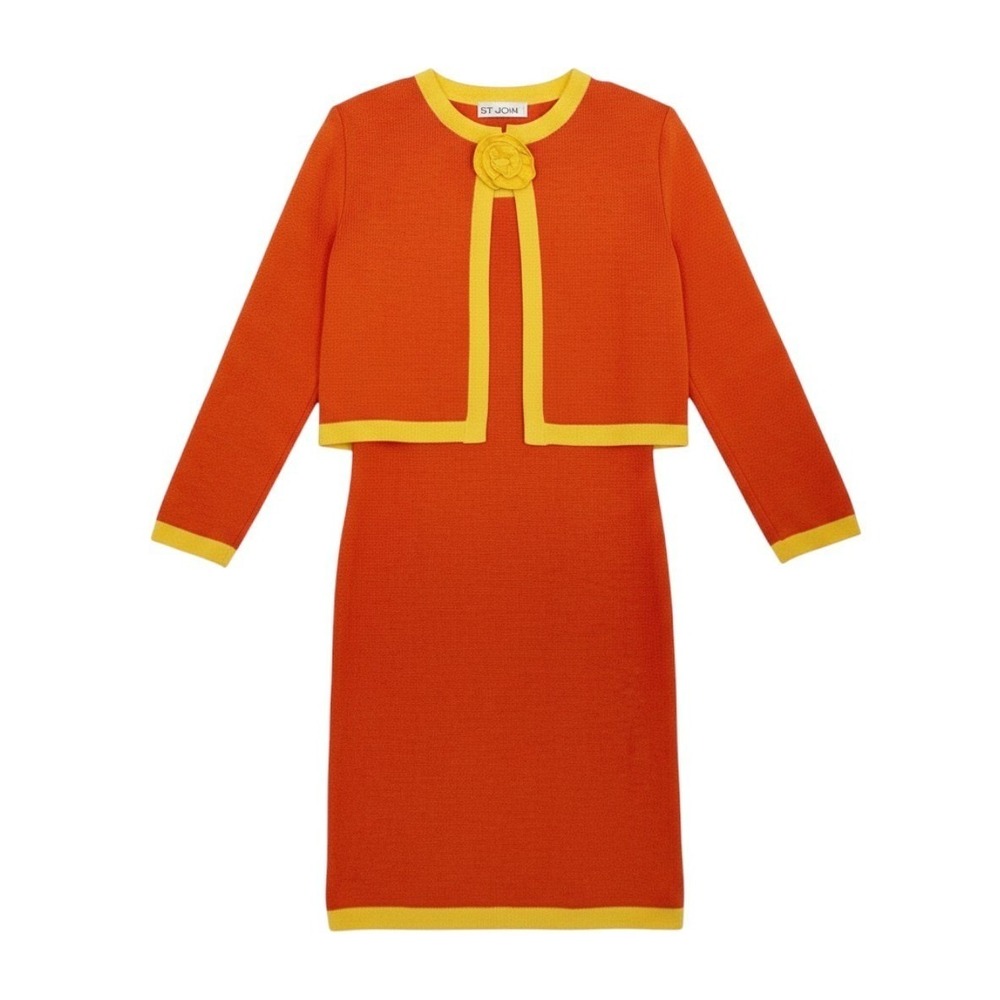 Vintage St John Collection Knit Dress and Matching Cardigan Orange Yellow 8